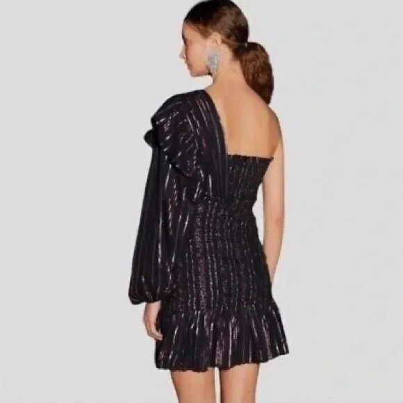Farm Rio Lurex Stripes Mini Dress Large Smocked One Shoulder Sparkle - Picture 2 of 4